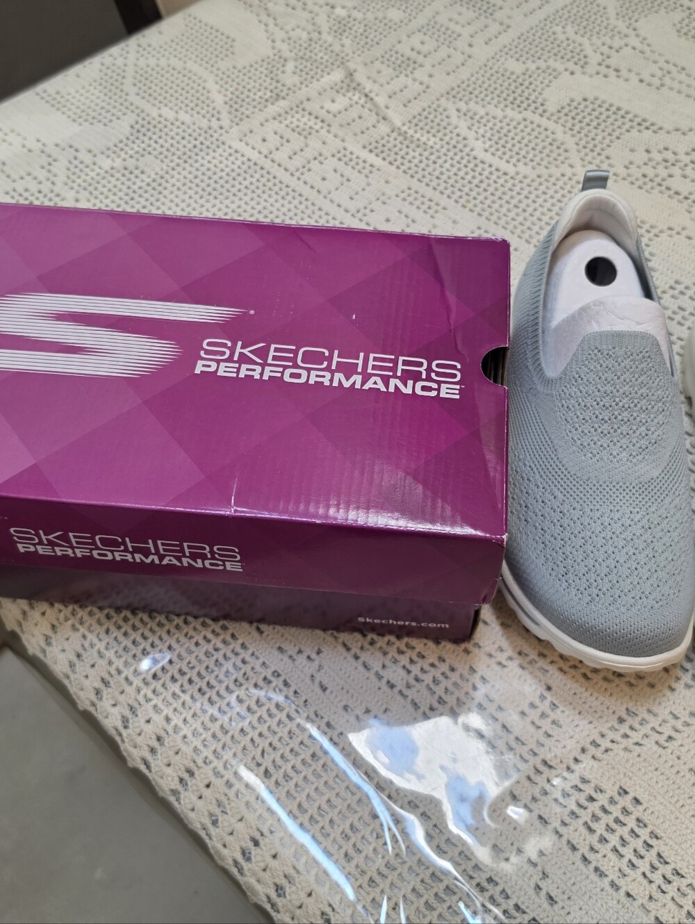 Skechers Slip-On Knit Sneakers in Light Gray and White